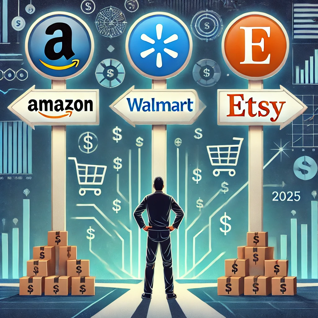 Abstract marketplace operations graphic comparing Amazon, Walmart, and Etsy channel decisions