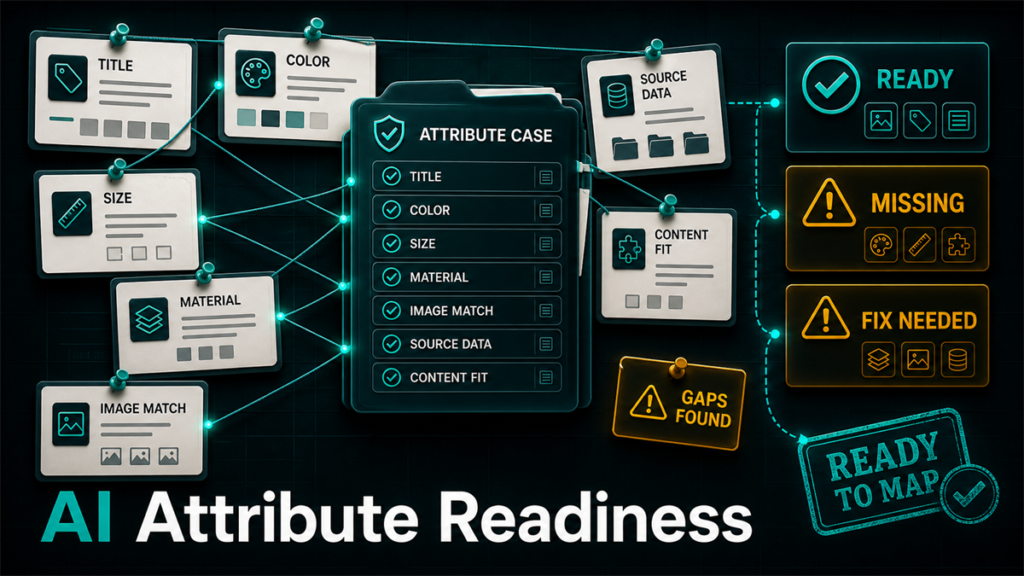 AI shopping attribute readiness evidence board showing product attribute checks, missing gaps, and ready-to-map status.