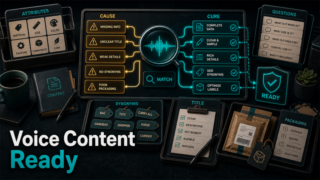 Voice content readiness board mapping product attributes and questions to match-ready cures.