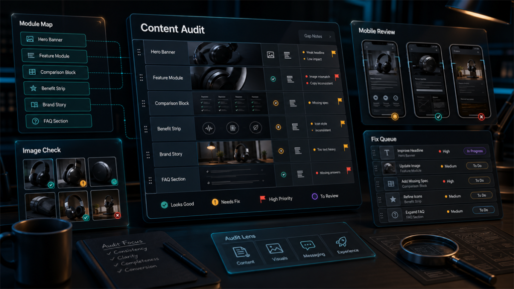 Dark ecommerce content audit workspace with module map, image checks, mobile review panels, gap notes, and a fix queue.