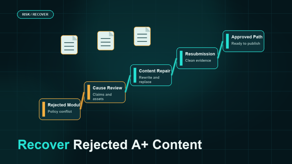 Dark teal recovery staircase from rejected module through cause review, content repair, resubmission, and approved path.