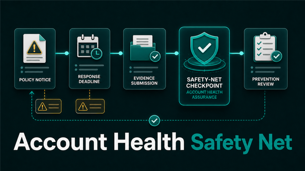 Editorial risk map showing Account Health Assurance as one checkpoint inside a broader Amazon account health workflow.