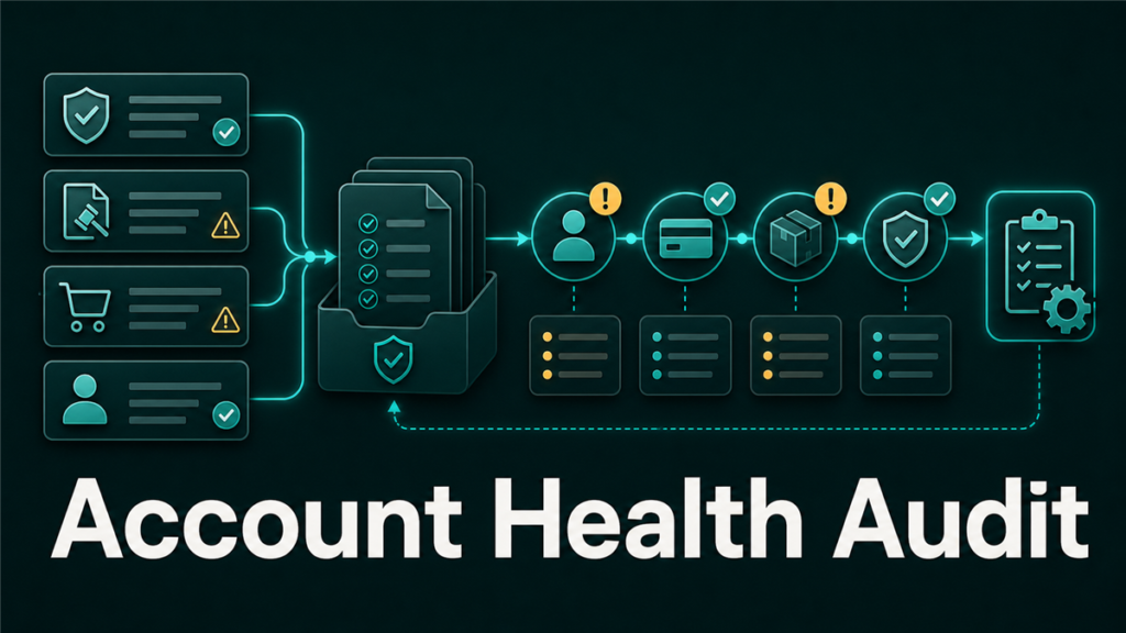 Qubeq blog banner showing an account health checkpoint map with policy cards, evidence stack, and risk markers in teal and amber