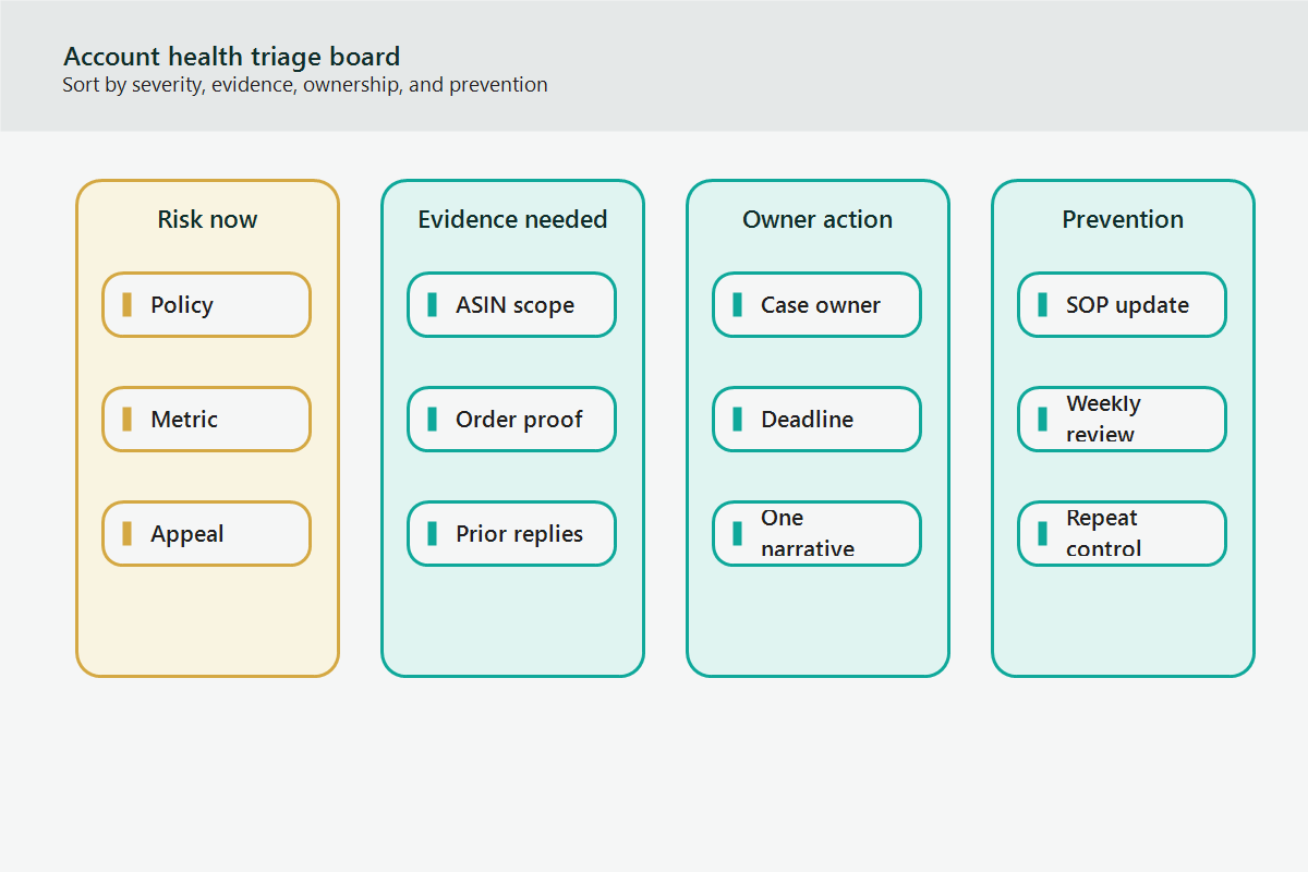 Account health triage board sorting policy, metric, and appeal issues by evidence, ownership, and prevention.