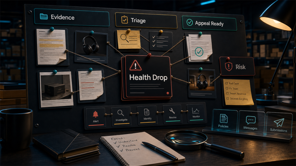 Dark ecommerce operations evidence board for triaging a sudden Amazon account health rating drop.