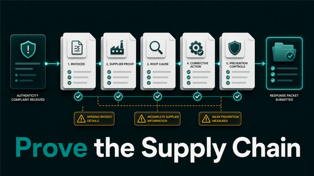 Evidence stack for an Amazon authenticity complaint with invoices, supplier proof, root cause, corrective action, and prevention controls.
