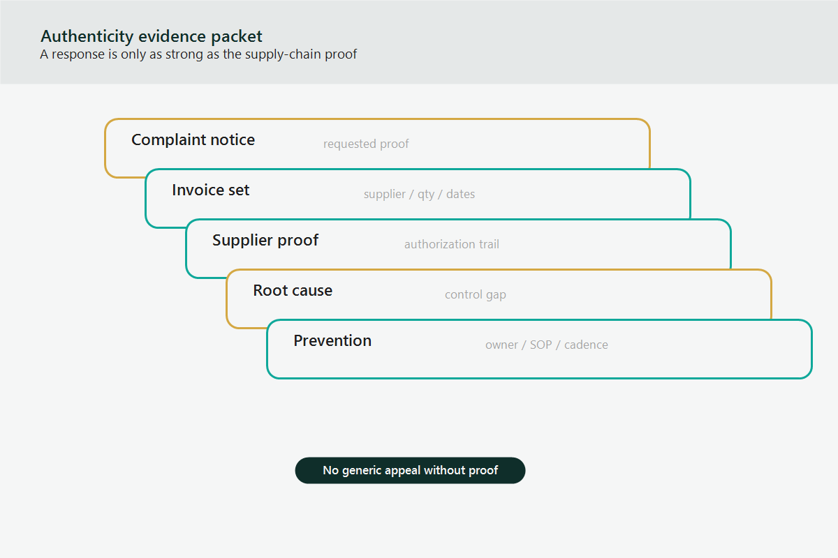Authenticity complaint evidence packet with complaint notice, invoice set, supplier proof, root cause, and prevention layers.