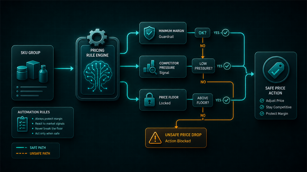 Pricing automation rule tree with SKU group, margin guardrail, competitor pressure, price floor, and safe action output.