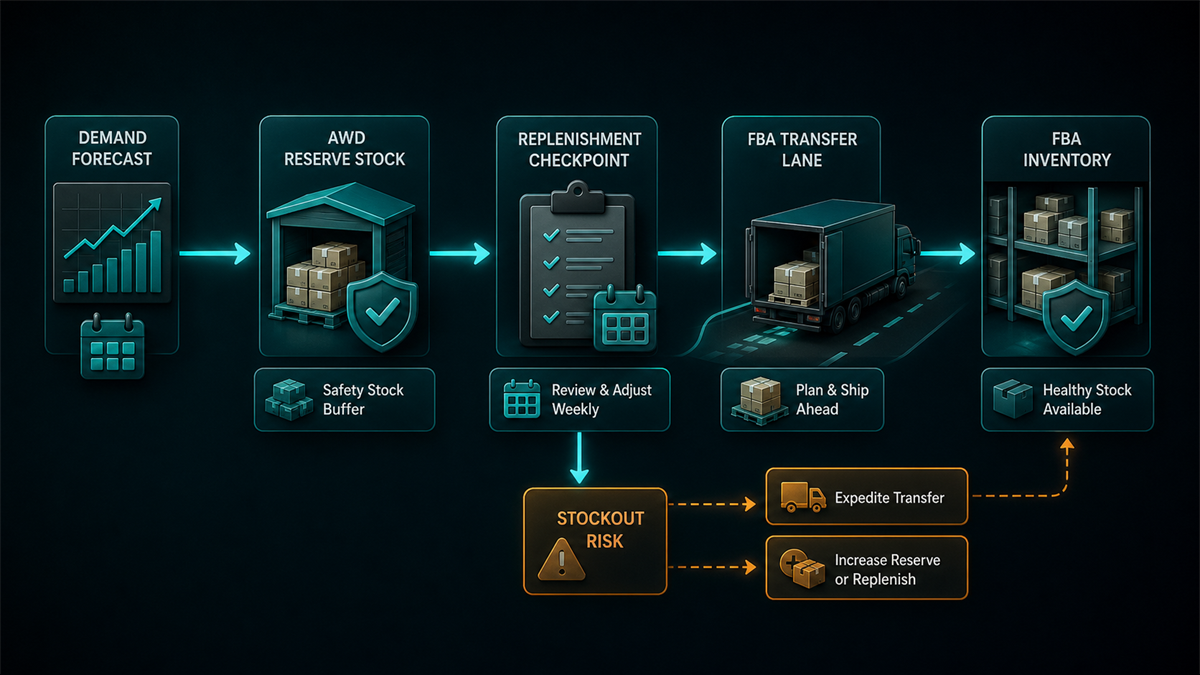 AWD inventory planning workflow with demand forecast, reserve stock, replenishment, transfer lane, and stockout exception branch.
