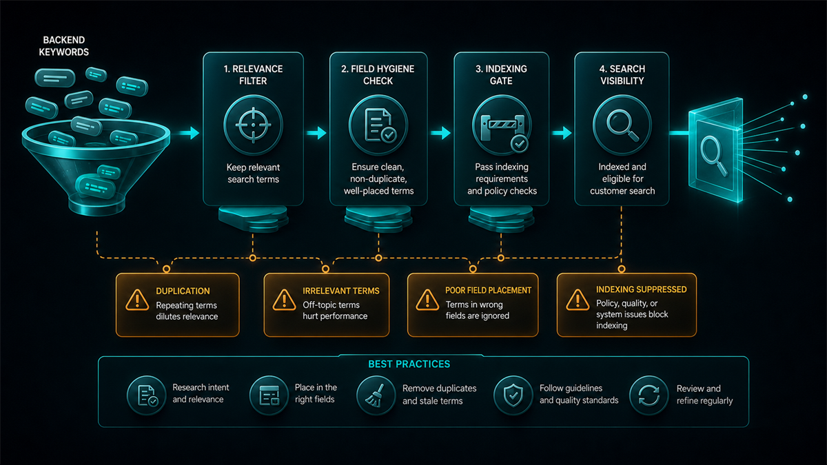 Backend keyword indexing funnel with relevance filter, hygiene check, indexing gate, and visibility output.