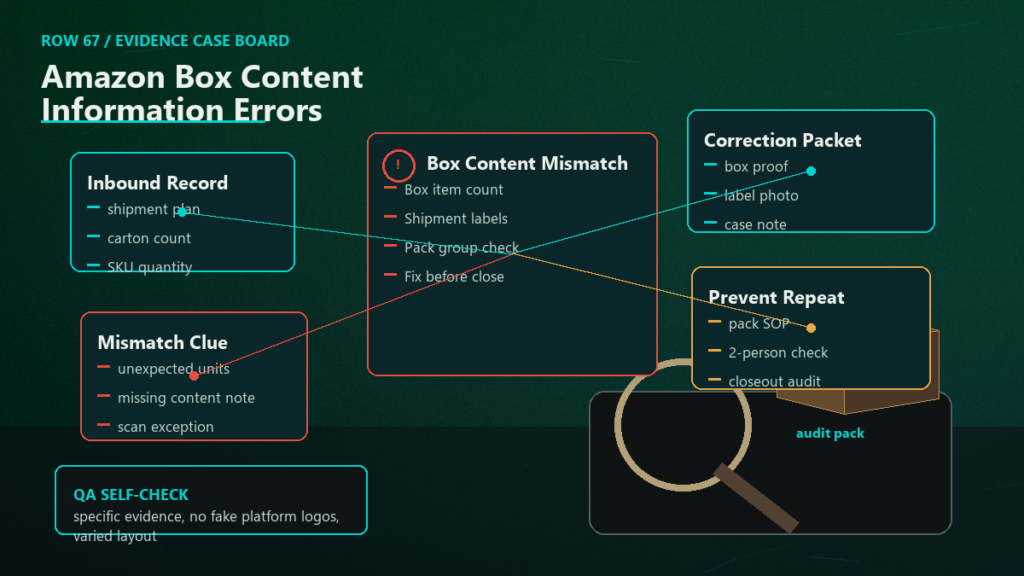 Box content mismatch evidence board with inbound record, mismatch clues, correction packet, and prevention checks.