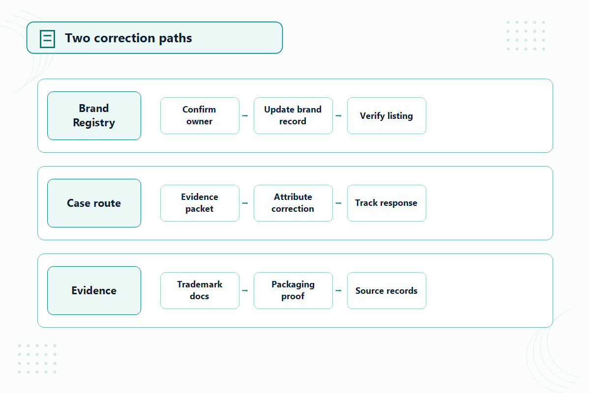 Brand name correction decision path showing Brand Registry update and case-based evidence routes.