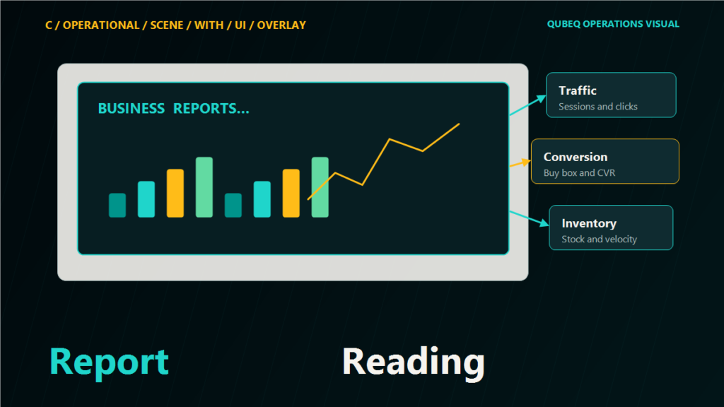 Seller business reports dashboard with sales trend, conversion, inventory, traffic, and profit signals highlighted for review.
