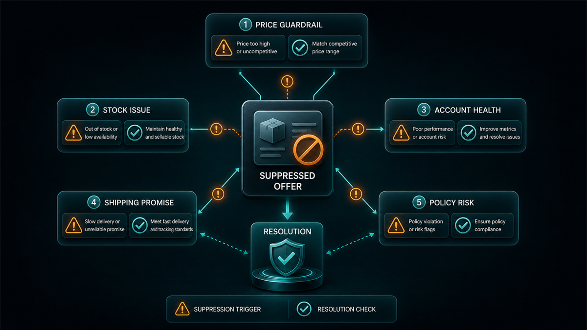 Buy box suppression cause map with central suppressed offer and price, stock, health, shipping, and policy triggers.