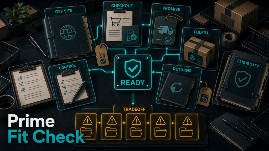 Prime fit check command center for off-site checkout, fulfillment, promise, returns, and control readiness.