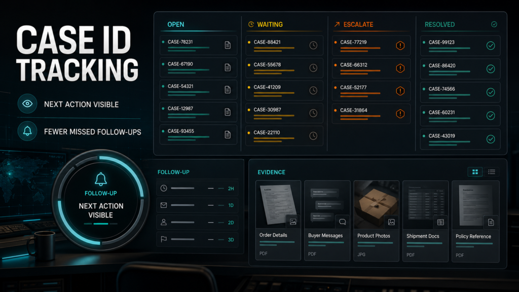 Case ID tracking command center showing open, waiting, escalate, and resolved statuses with next-action follow-up reminders and evidence cards.