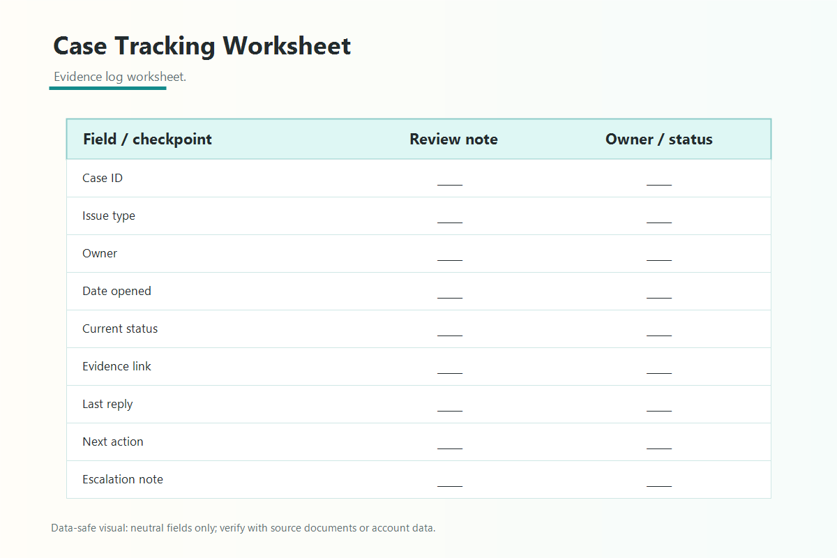 Amazon case ID tracking worksheet showing the fields teams should maintain for open support cases.
