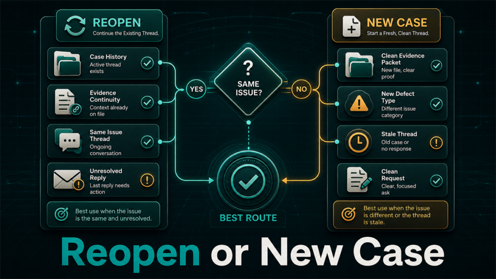 Decision framework comparing when to reopen an Amazon case versus when to start a new case.