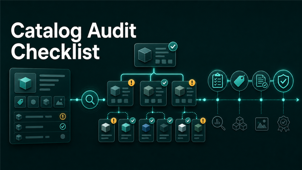 Editorial checklist graphic showing Amazon catalog blocks, variation branches, and amber issue markers in Qubeq teal brand colors
