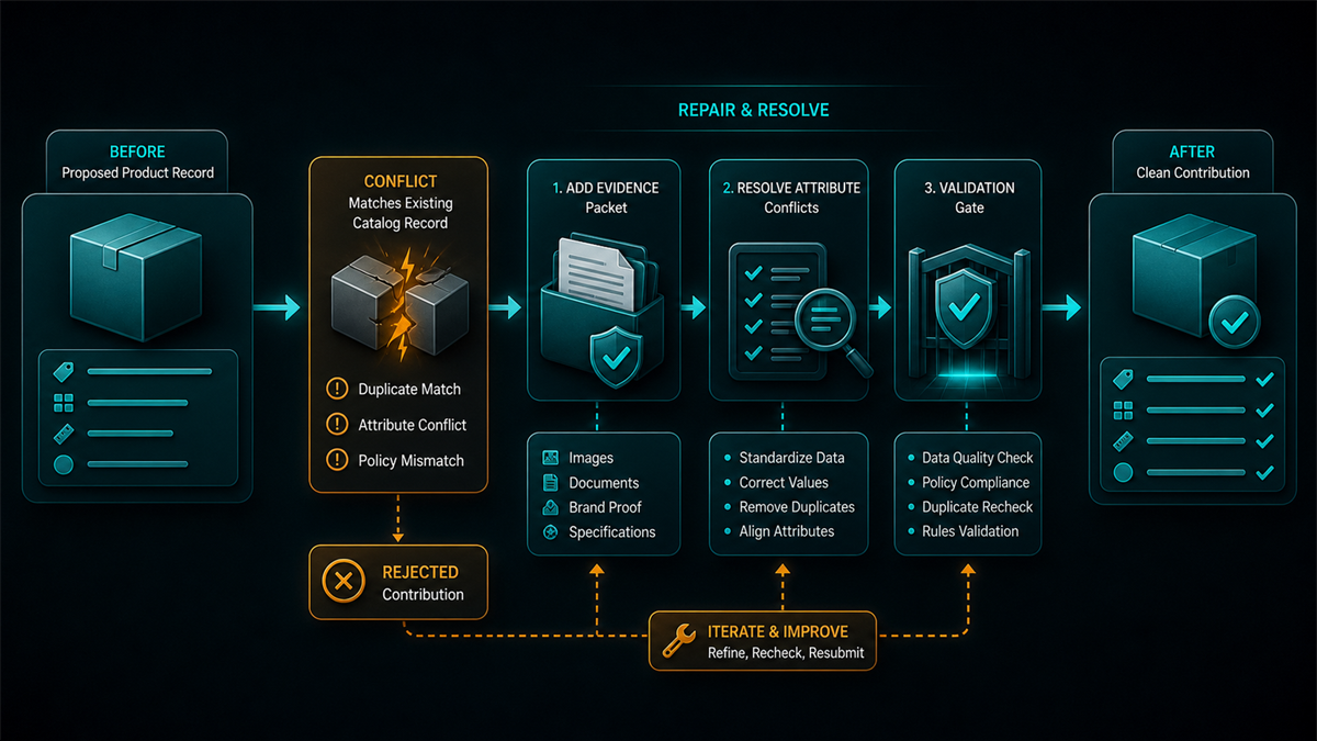 Catalog contribution rejection repair map with product record conflict, evidence packet, attribute resolution, and validation gate.