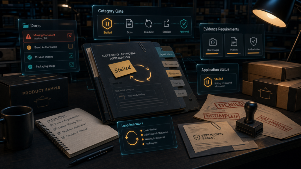 Dark category approval troubleshooting workstation with document evidence, stalled request markers, and escalation overlays.