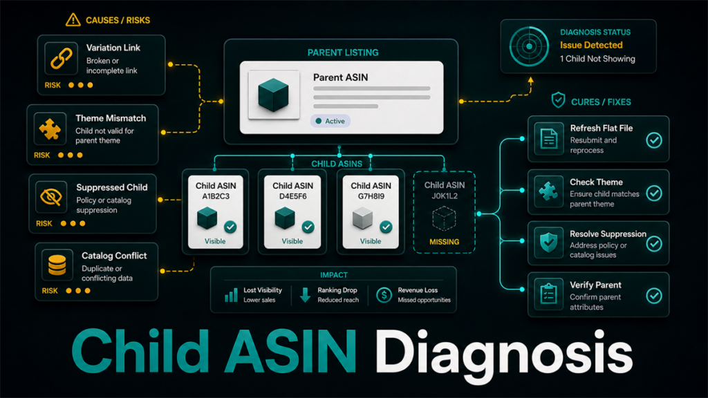 Child ASIN diagnosis dashboard showing parent listing links, missing child variation, risk causes, and cure actions.