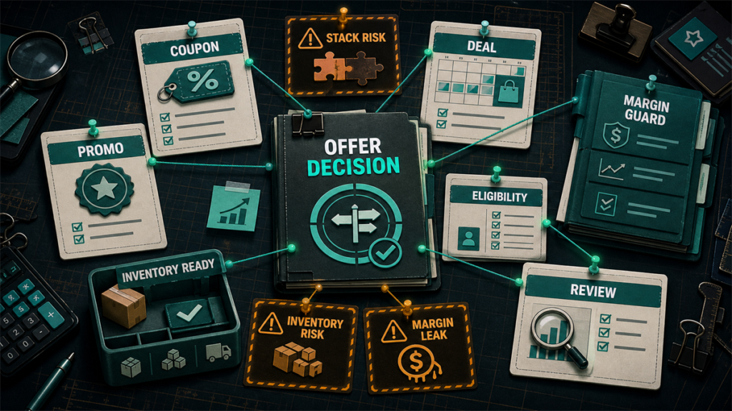 Amazon promotion decision board showing promo type, coupon, deal, eligibility, review, margin guard, inventory readiness, stack risk, and margin leak.