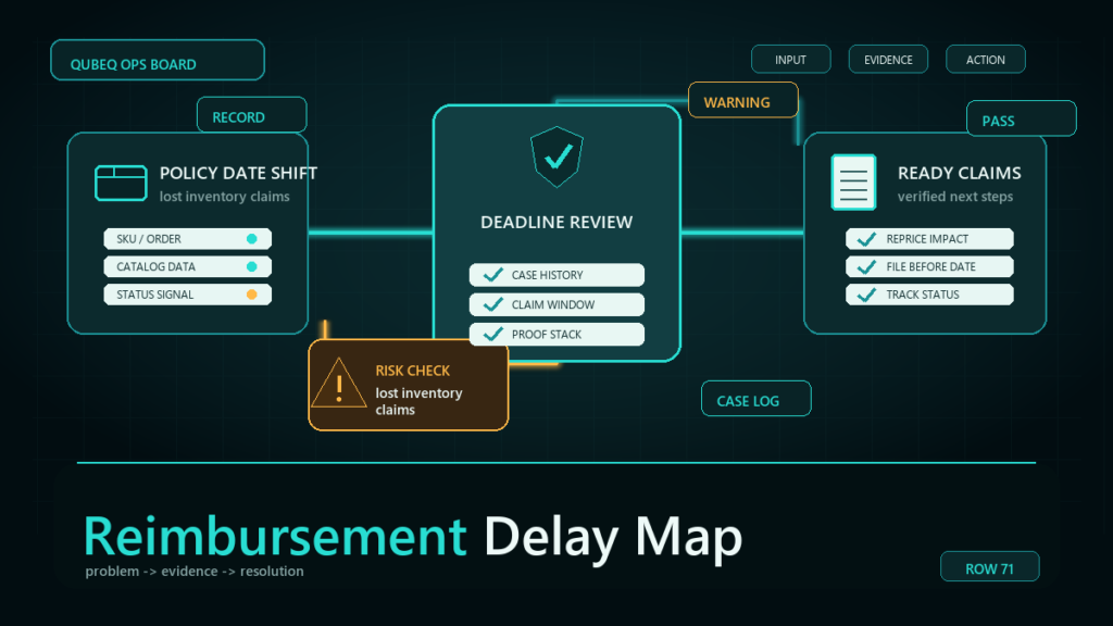 Dark teal ecommerce operations workflow diagram for Amazon Delays FBA Reimbursement Policy Change to March 31, 2025.