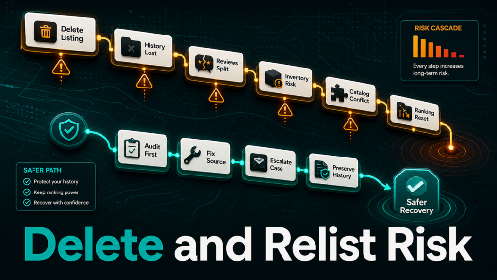 Delete and relist risk cascade showing lost history, split reviews, inventory risk, catalog conflict, ranking reset, and safer recovery path.