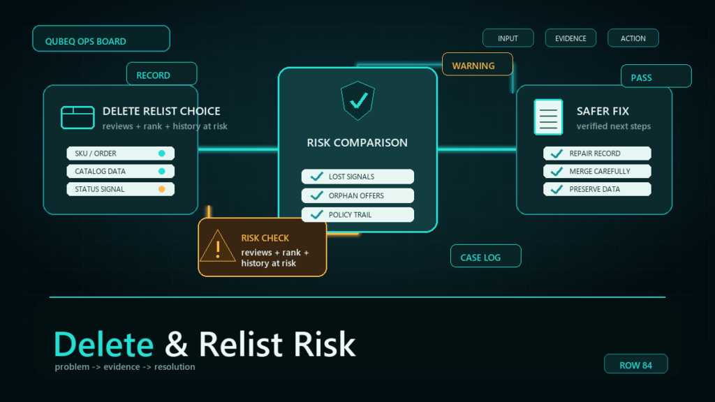 Dark teal ecommerce operations workflow diagram for Why Deleting and Relisting on Amazon Is Riskier Than It Looks.