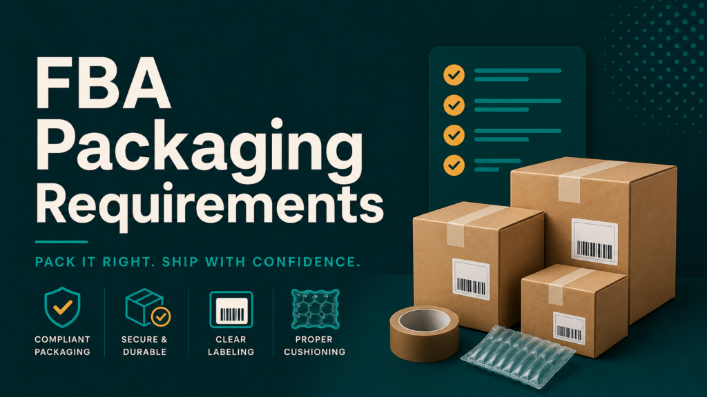 Qubeq blog banner about Amazon FBA packaging requirements showing abstract shipping box elements with a compliance checklist in teal tones