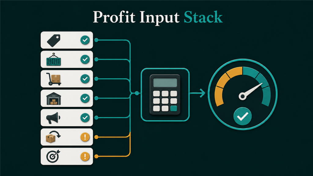Blog banner about Amazon FBA profitability calculator with abstract cost breakdown elements and calculation grid on a deep teal background