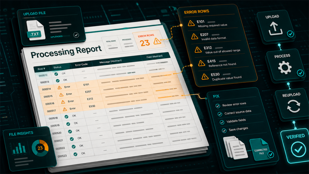 Flat file processing report diagnostic desk with failed rows, error-code overlay, fix queue, reupload step, and verified status.