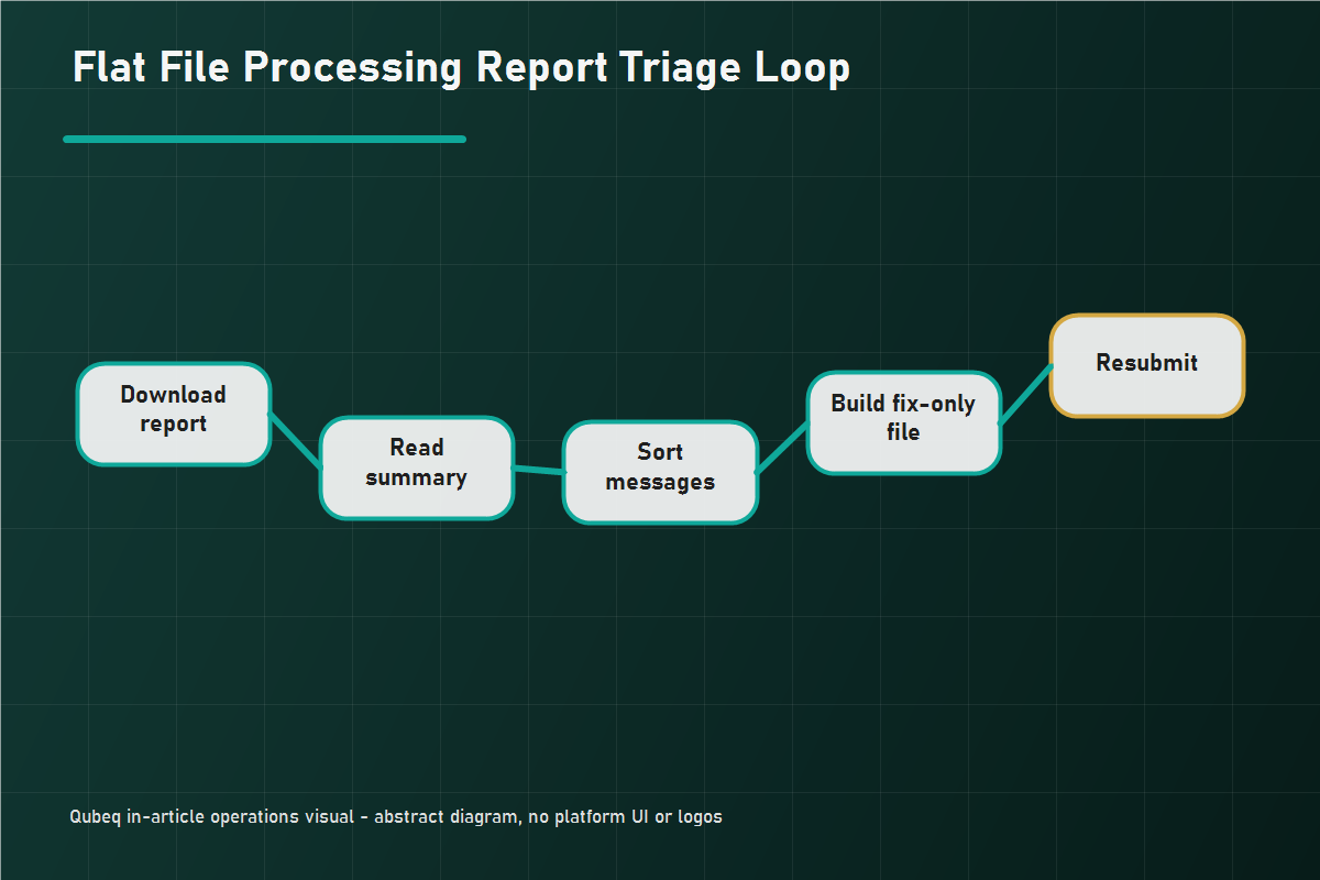 Workflow diagram showing triage checkpoints for accepted, warning, and rejected processing report rows after a flat-file upload.