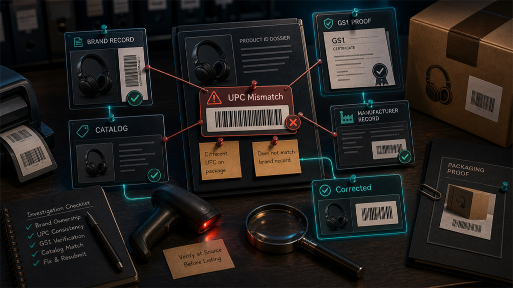 Forensic product ID evidence board for diagnosing GS1 UPC mismatch errors and correction proof.
