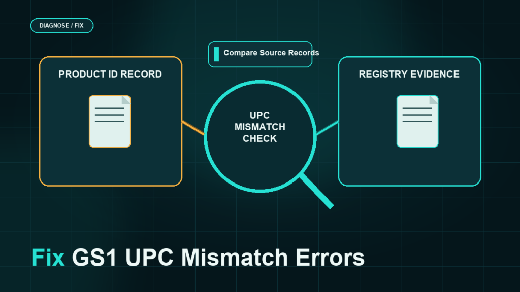 Dark teal UPC mismatch check comparing a product ID record with registry evidence through a diagnostic magnifier.