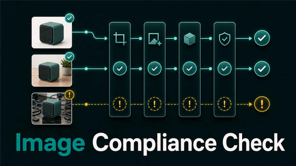 Abstract Amazon image compliance checkpoint showing product image cards passing through warning and approval gates.