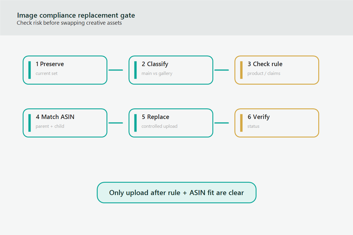 Replacement gate flow for image violations covering main-image checks and suppression-safe replacement order.