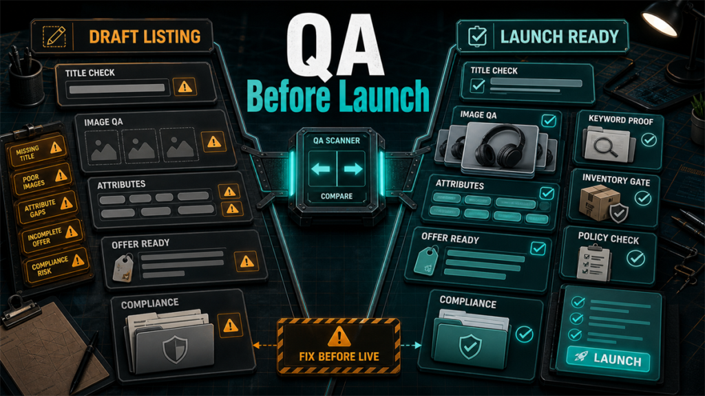 Amazon listing launch QA board comparing draft state with launch-ready checks for title, images, attributes, offer, compliance, keywords, inventory, and policy.