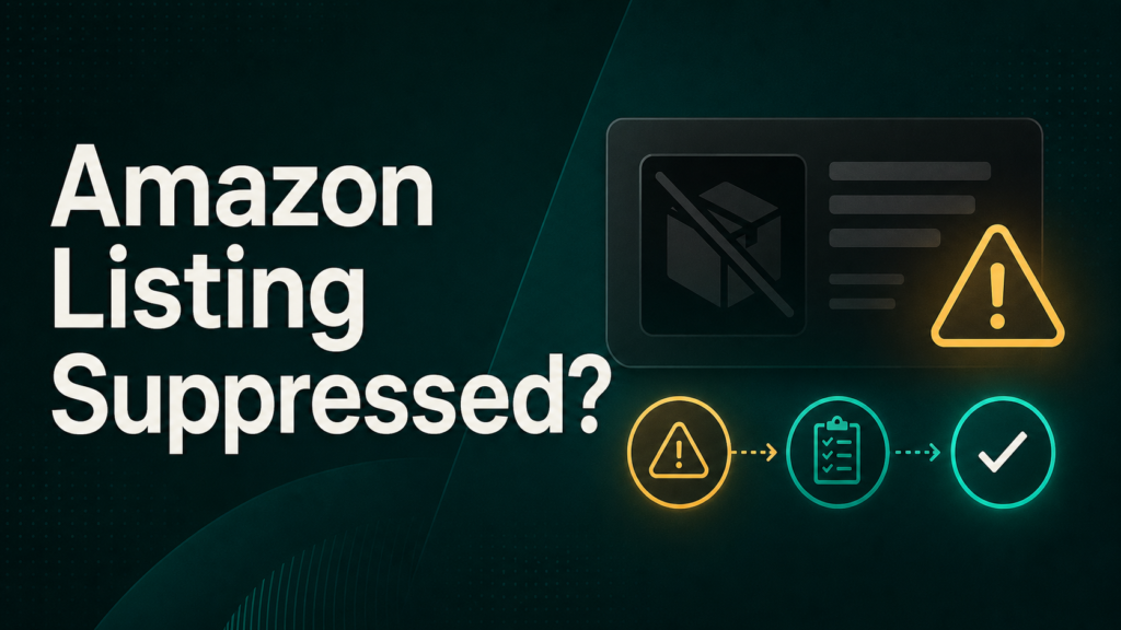 Qubeq blog banner about Amazon listing suppression showing an abstract warning panel with a suppressed listing card and resolution pathway in teal and amber tones