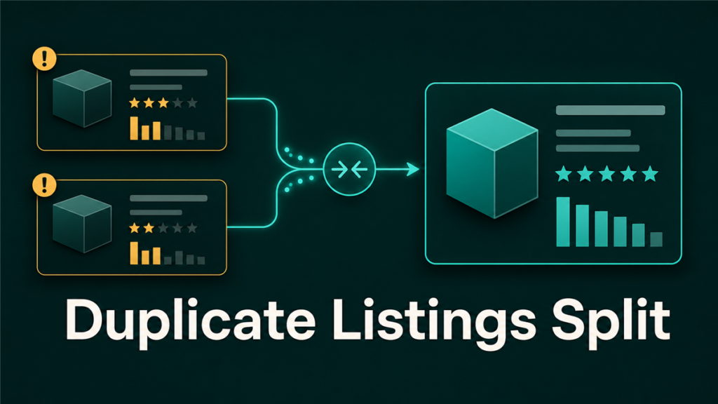 Abstract diagram showing two duplicate product listing cards being consolidated into a single clean listing through a merge process