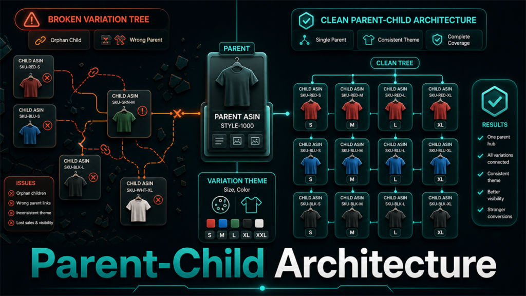 Parent-child listing architecture board comparing a broken variation tree with a clean parent-child structure.