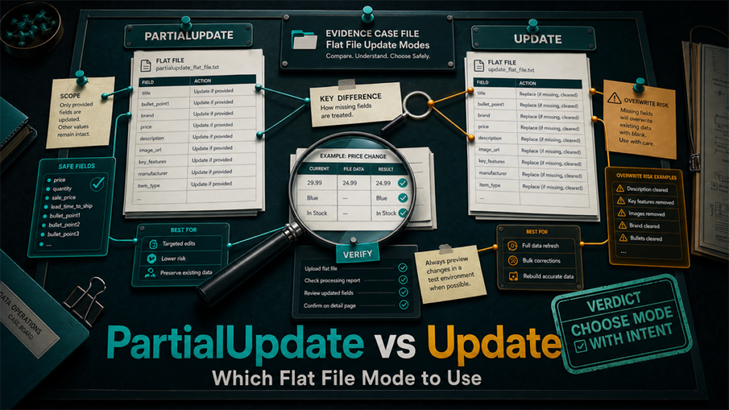 Forensic flat-file case board comparing PartialUpdate and Update modes with safe fields, overwrite risk, and verification proof.
