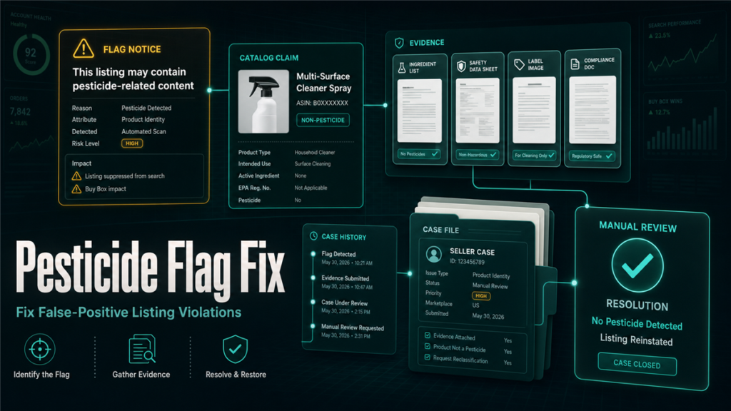 Pesticide flag fix evidence board showing flag notice, catalog claim, evidence documents, seller case file, and manual review resolution.