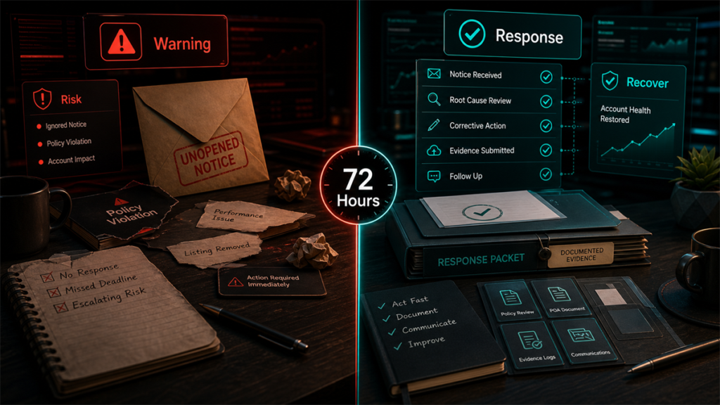 Split-screen policy warning response board showing risk on one side and recovery actions on the other.