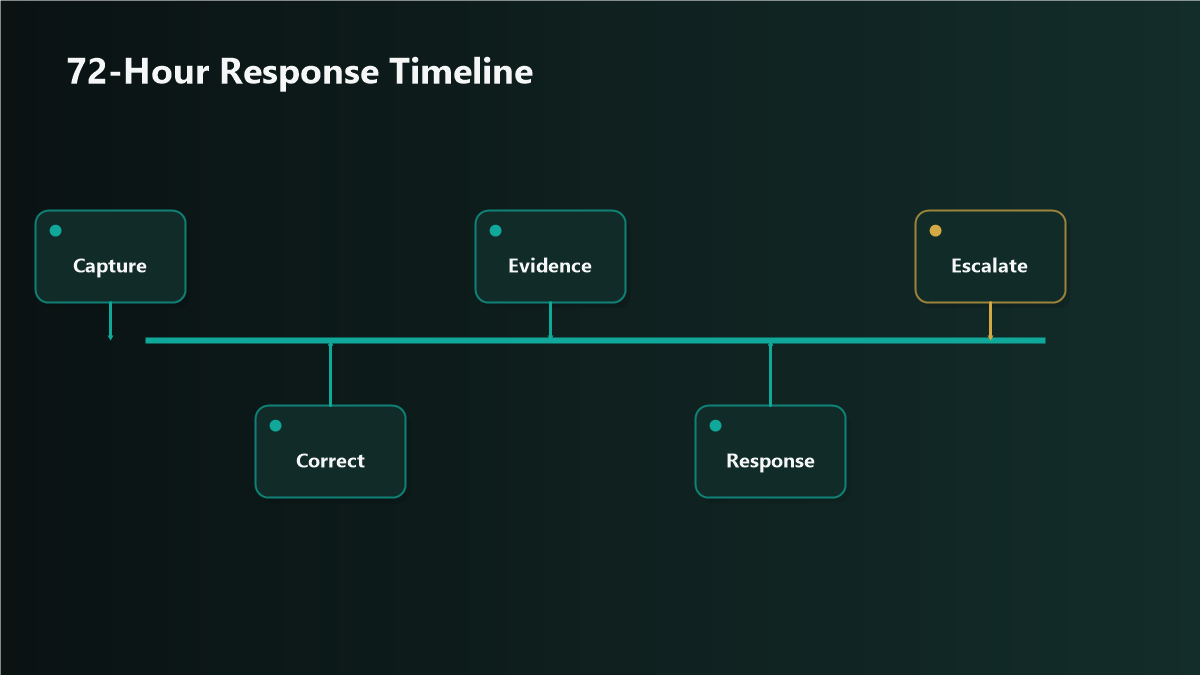 A 72-hour timeline splitting a policy warning into an appeal path and a correction path before a suspension threshold.