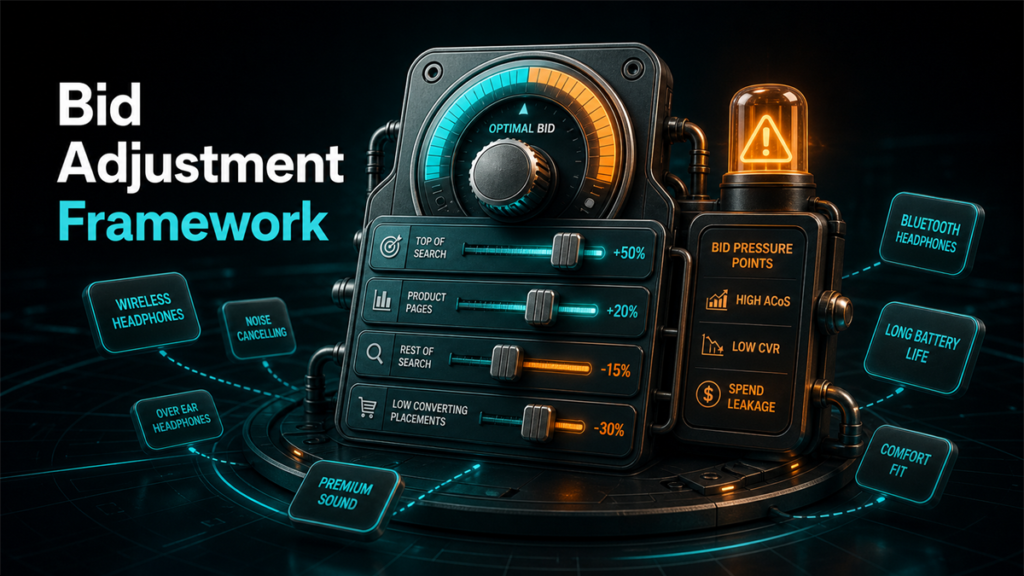Qubeq branded diagnostic featured image for Amazon PPC Bid Adjustment Framework.