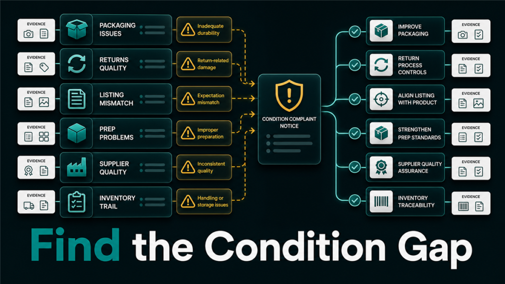 Root-cause map for Amazon product condition complaints showing packaging, returns, listing mismatch, prep, and supplier quality.