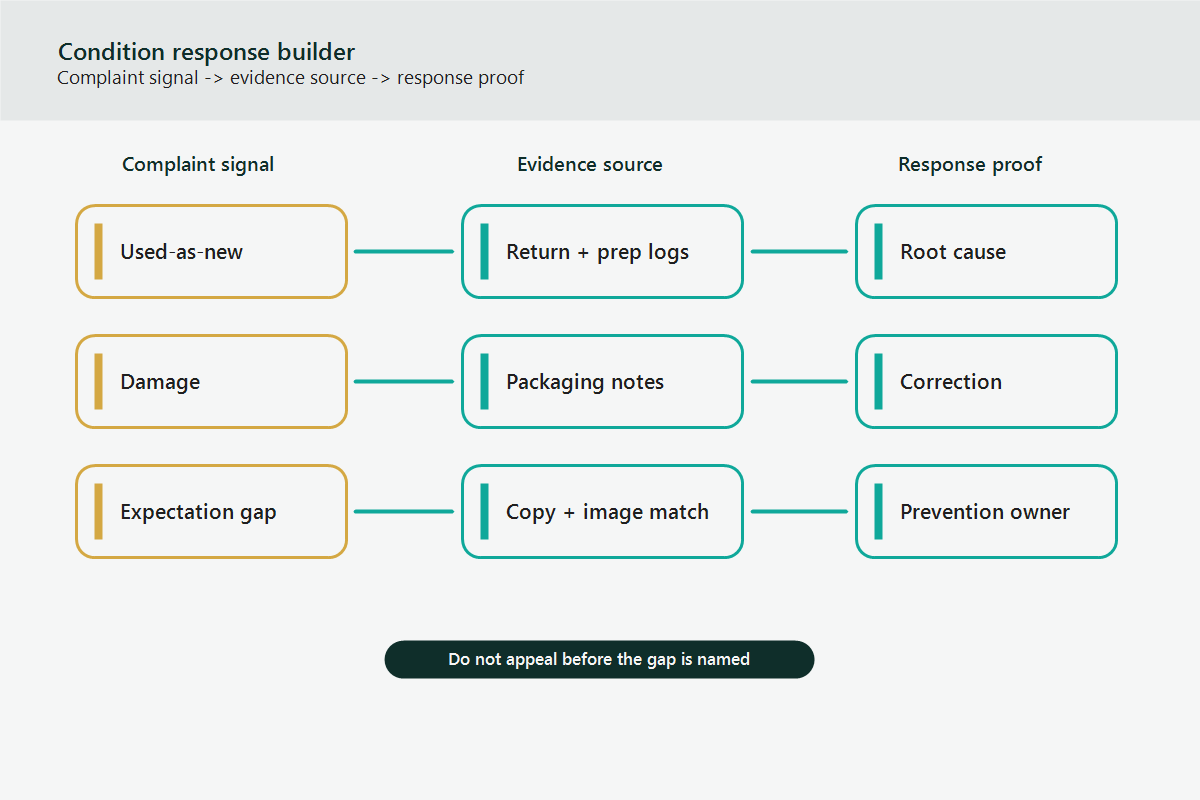 Condition complaint evidence path from complaint signal to evidence source and response proof.