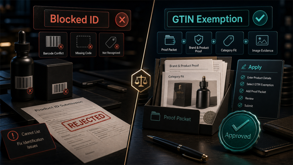 Angled split-screen GTIN exemption board comparing blocked product ID path with approved proof packet route.
